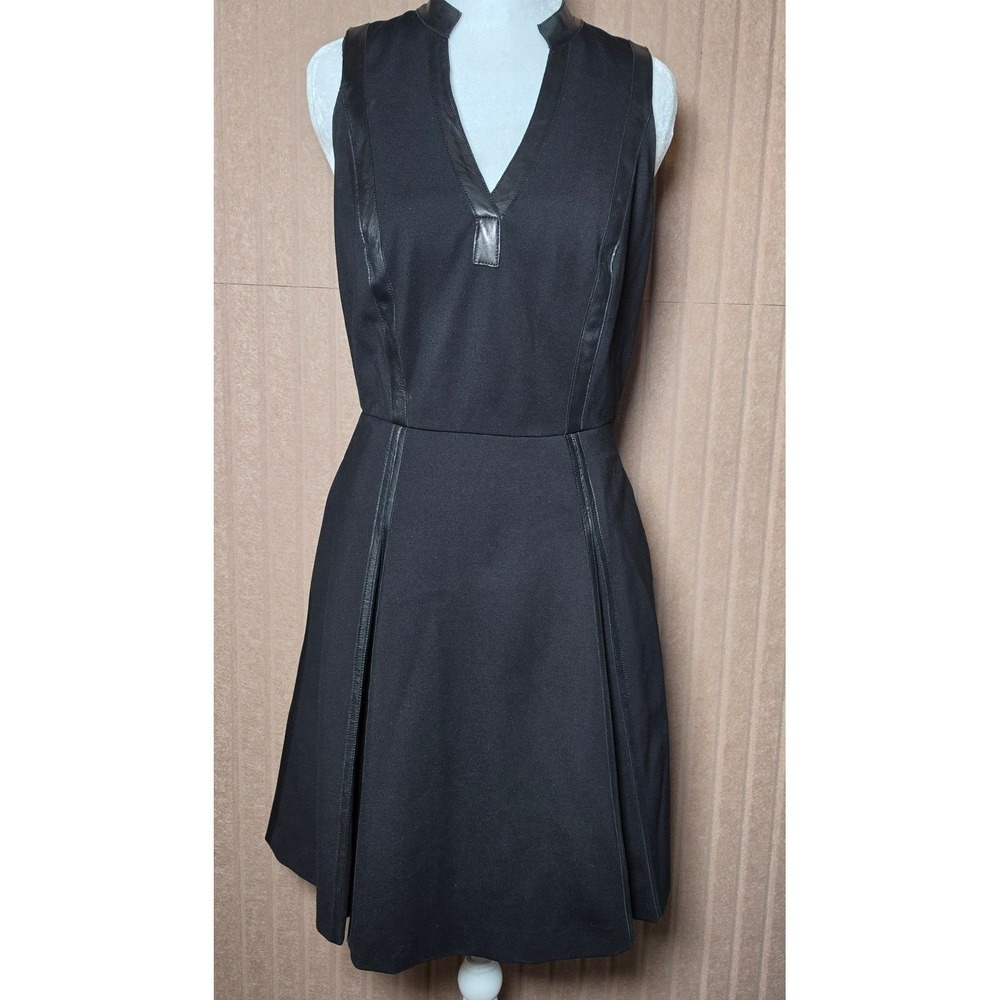 Rebecca Taylor Black Sleeveless Leather Trim V-Neck A-Line Dress with Pockets 4